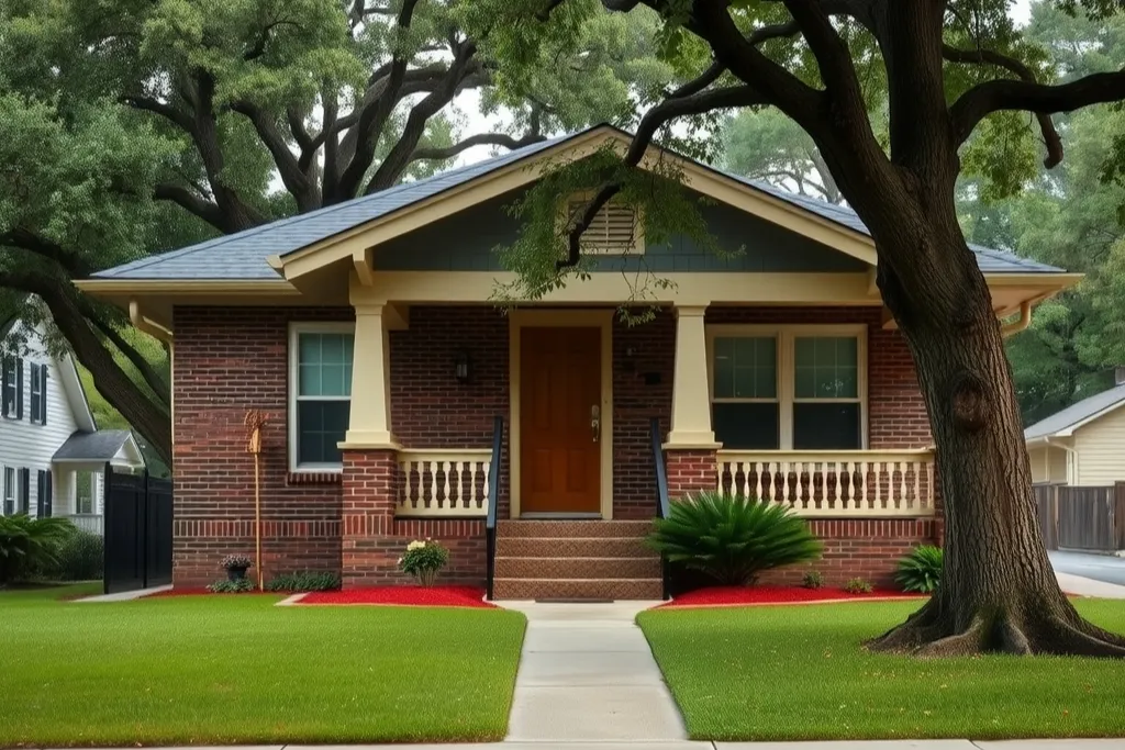 A craftsman bungalow with a deep porch under oak and pine trees on an intown Atlanta street.